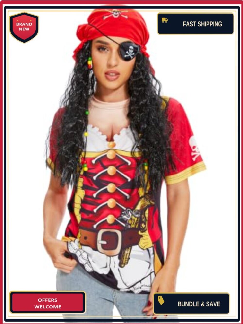 Women's Pirate Costume Shirt & Wig Set 3D Print Milk Silk Halloween Cosplay
